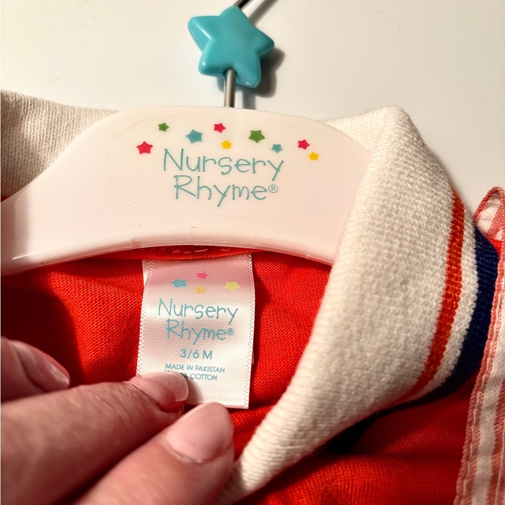 Nursery Rhyme 2 Piece overalls 3-6 Months, Red Stripes Embroidered Animals - Picture 6 of 7